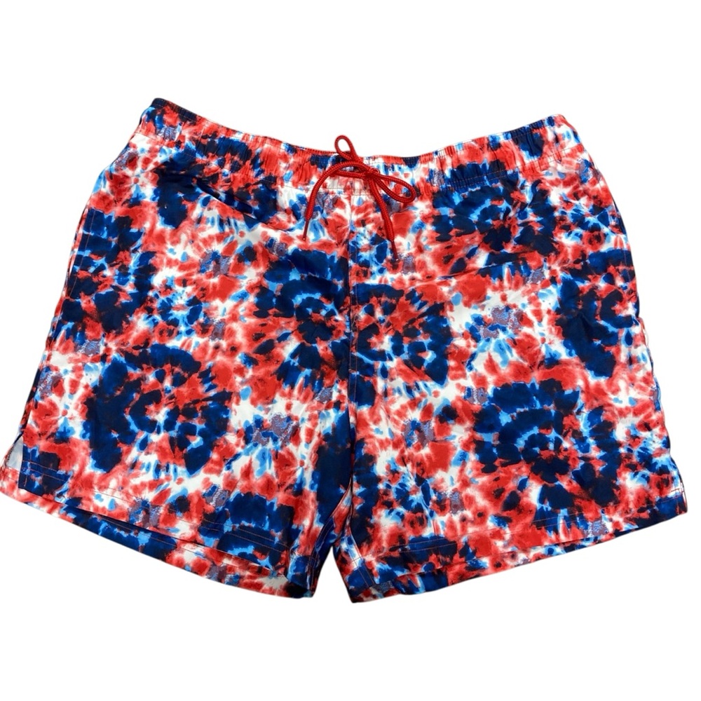 George XL 40-42 men’s Americana Red white and Blue Swim Trunks tie dye NWT MAGA